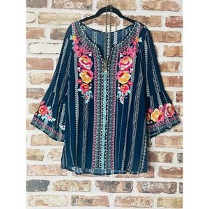PLUS SIZE ANDREE BY UNIT EMBROIDERED Navy BOHO TUNIC TOP 1X